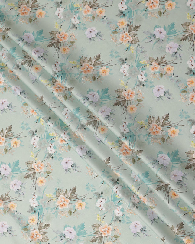 Sage Green Floral Printed Cotton Satin Fabric 110 Cms Width Soft Smooth Lustrous Dress Material India-D27959 Regal Fabrics