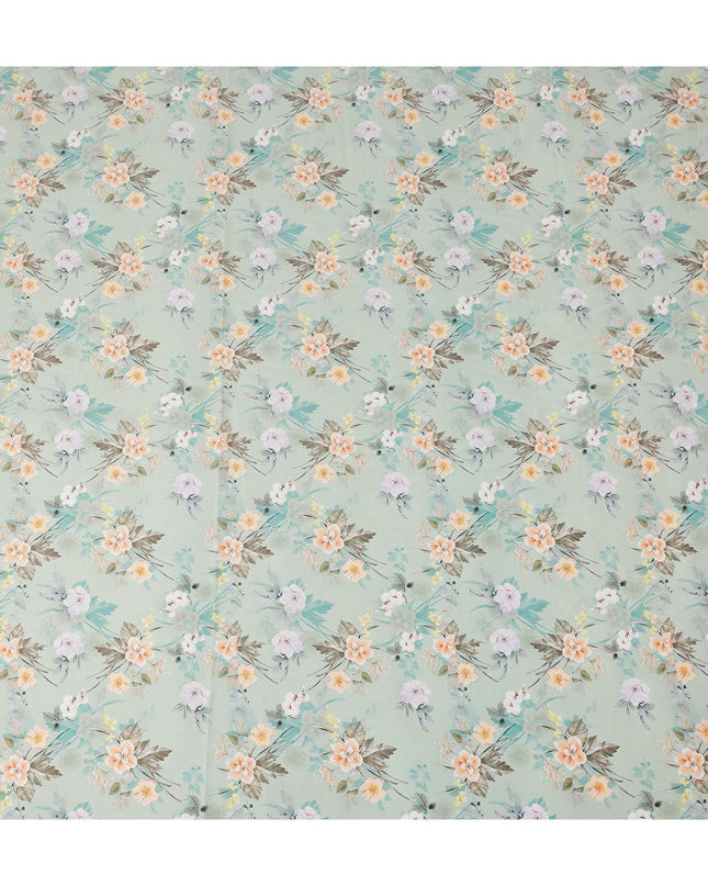 Sage Green Floral Printed Cotton Satin Fabric 110 Cms Width Soft Smooth Lustrous Dress Material India-D27959 Regal Fabrics