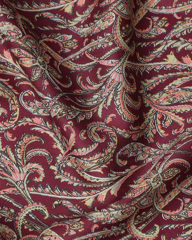 Maroon Paisley Printed Cotton Satin Fabric 110 Cms Width Soft Smooth Lustrous Dress Material India-D27948 Regal Fabrics