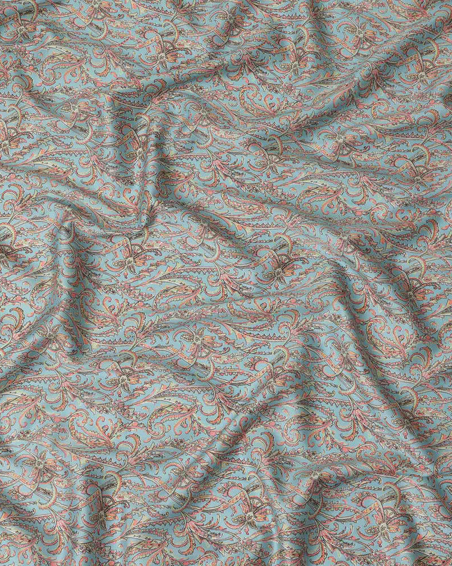 Aqua Paisley Printed Cotton Satin Fabric 110 Cms Width Soft Smooth Lustrous Dress Material India-D27951 Regal Fabrics