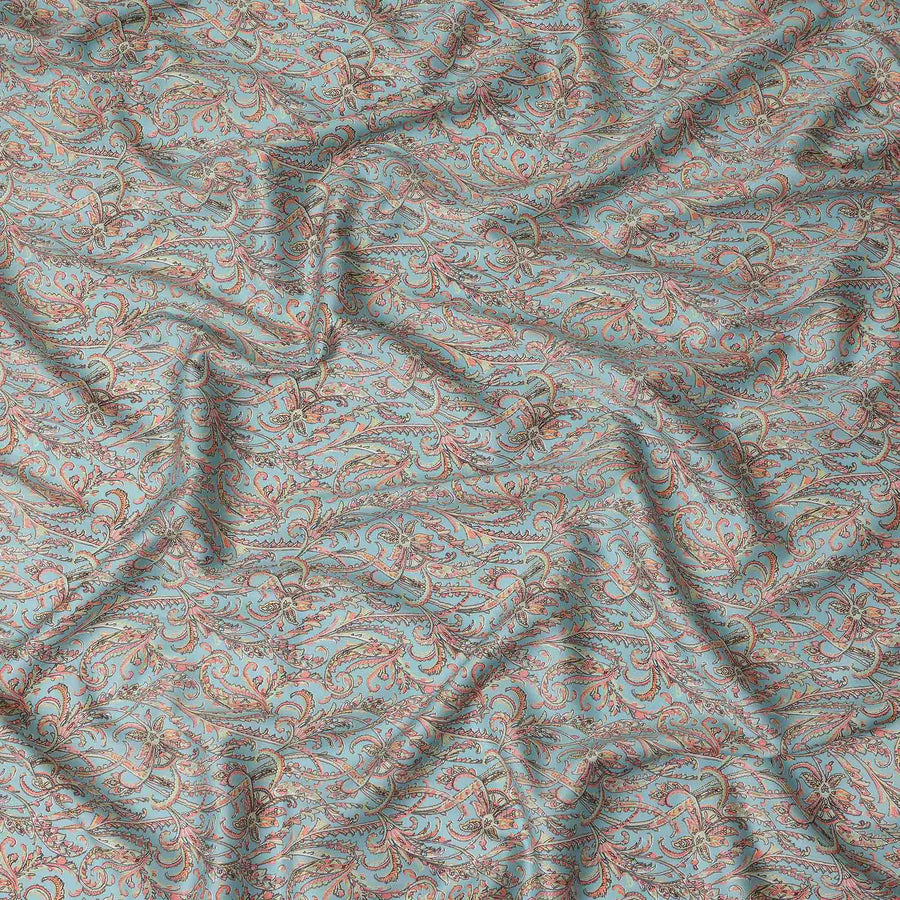 Aqua Paisley Printed Cotton Satin Fabric 110 Cms Width Soft Smooth Lustrous Dress Material India-D27951 Regal Fabrics
