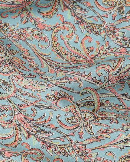 Aqua Paisley Printed Cotton Satin Fabric 110 Cms Width Soft Smooth Lustrous Dress Material India-D27951 Regal Fabrics
