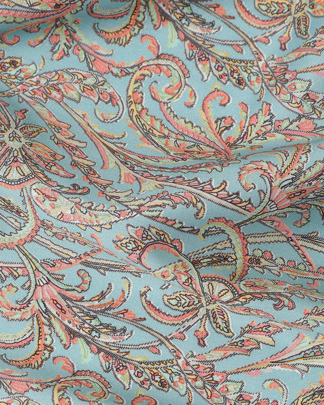 Aqua Paisley Printed Cotton Satin Fabric 110 Cms Width Soft Smooth Lustrous Dress Material India-D27951 Regal Fabrics