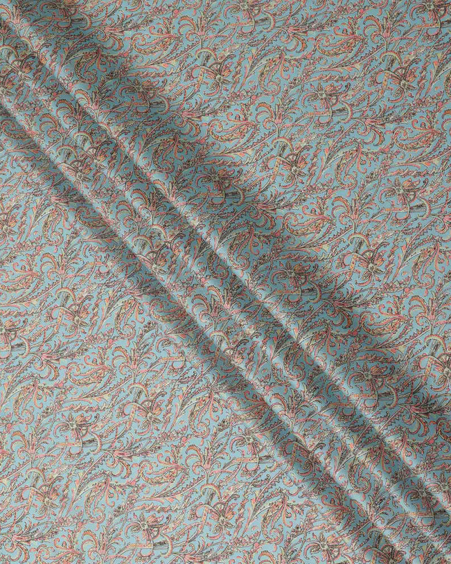 Aqua Paisley Printed Cotton Satin Fabric 110 Cms Width Soft Smooth Lustrous Dress Material India-D27951 Regal Fabrics
