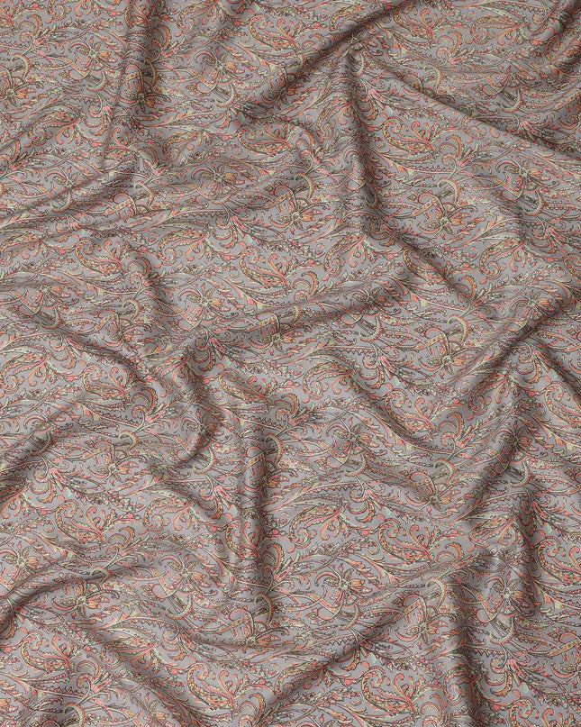 Grey Paisley Printed Cotton Satin Fabric 110 Cms Width Soft Smooth Lustrous Dress Material India-D27953 Regal Fabrics