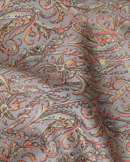Grey Paisley Printed Cotton Satin Fabric 110 Cms Width Soft Smooth Lustrous Dress Material India-D27953 Regal Fabrics