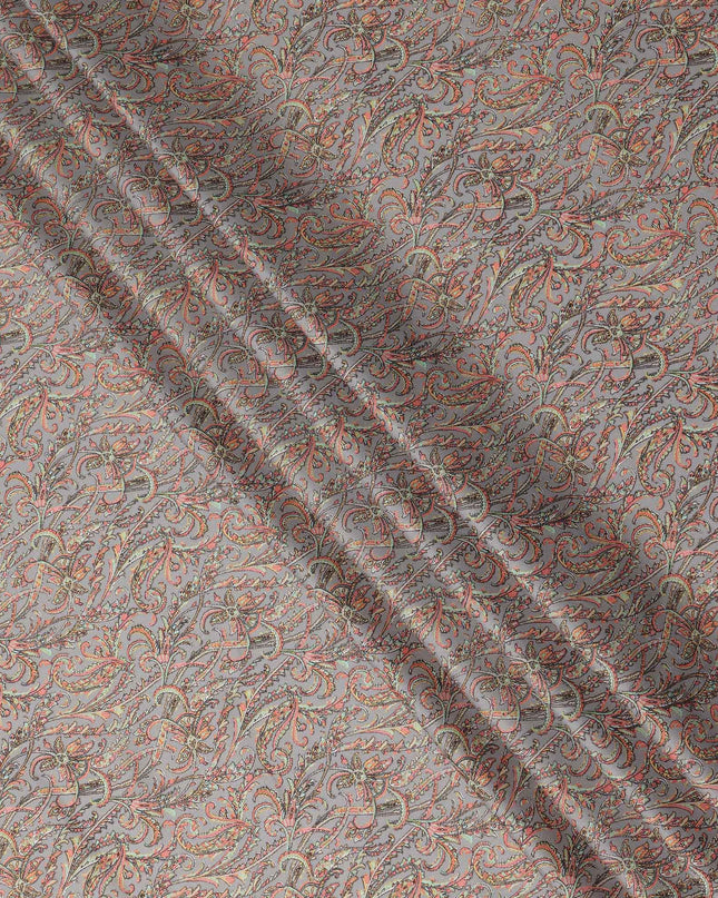 Grey Paisley Printed Cotton Satin Fabric 110 Cms Width Soft Smooth Lustrous Dress Material India-D27953 Regal Fabrics