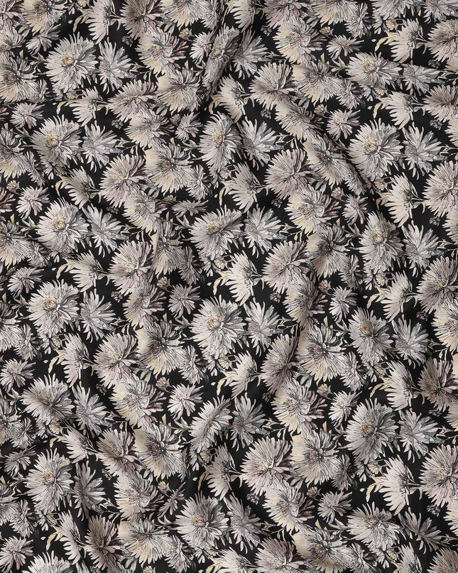 Black White Floral Printed Cotton Satin Fabric 110 Cms Width Smooth Soft Dress Material India-D28072