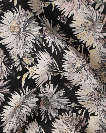 Black White Floral Printed Cotton Satin Fabric 110 Cms Width Smooth Soft Dress Material India-D28072