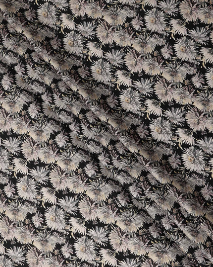 Black White Floral Printed Cotton Satin Fabric 110 Cms Width Smooth Soft Dress Material India-D28072