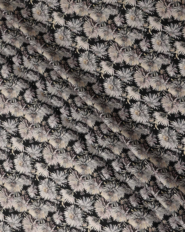 Black White Floral Printed Cotton Satin Fabric 110 Cms Width Smooth Soft Dress Material India-D28072