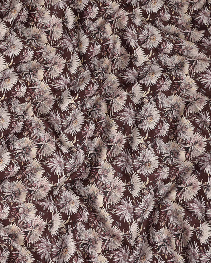 Brown White Floral Printed Cotton Satin Fabric 110 Cms Width Smooth Soft Dress Material India-D28073