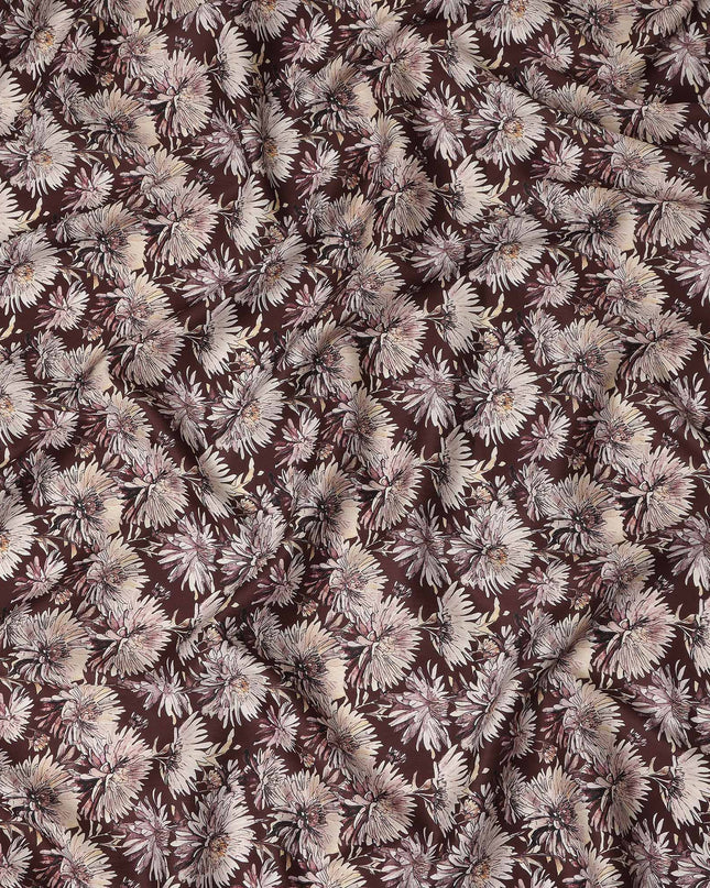 Brown White Floral Printed Cotton Satin Fabric 110 Cms Width Smooth Soft Dress Material India-D28073