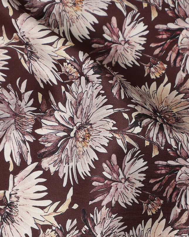 Brown White Floral Printed Cotton Satin Fabric 110 Cms Width Smooth Soft Dress Material India-D28073