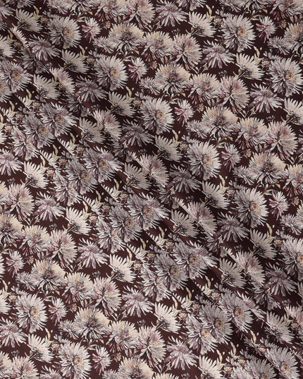 Brown White Floral Printed Cotton Satin Fabric 110 Cms Width Smooth Soft Dress Material India-D28073