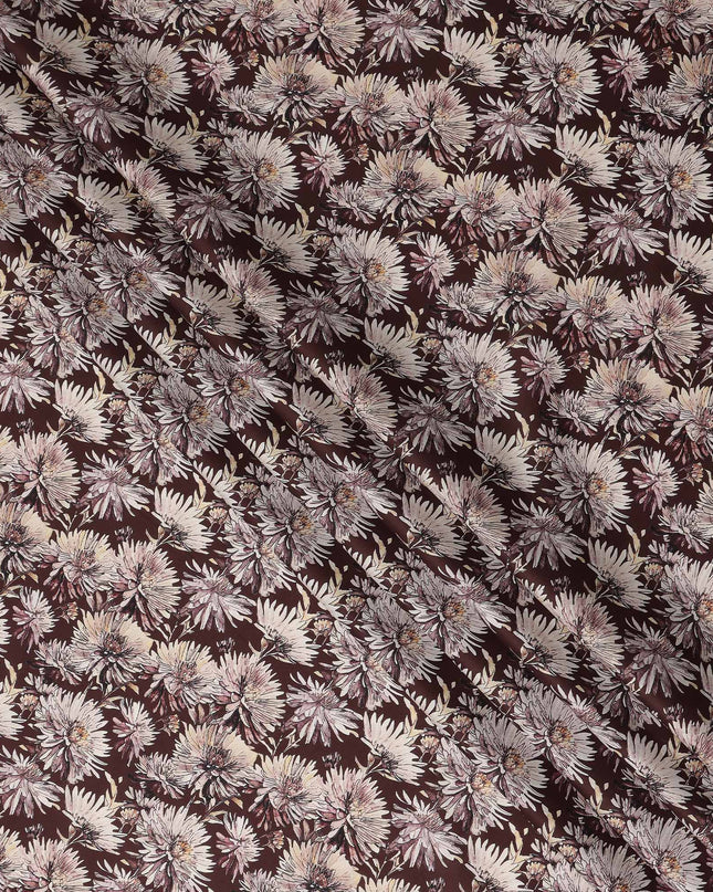 Brown White Floral Printed Cotton Satin Fabric 110 Cms Width Smooth Soft Dress Material India-D28073