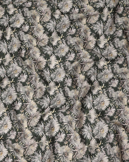 Dark Green White Floral Printed Cotton Satin Fabric 110 Cms Width Smooth Soft Dress Material India-D28071