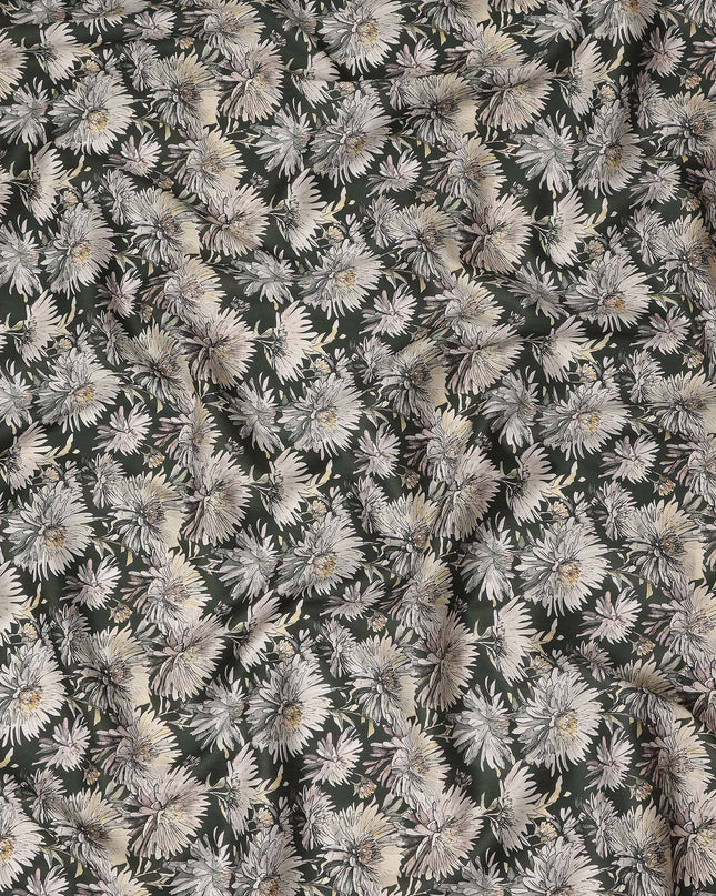 Dark Green White Floral Printed Cotton Satin Fabric 110 Cms Width Smooth Soft Dress Material India-D28071