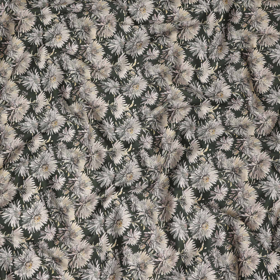 Dark Green White Floral Printed Cotton Satin Fabric 110 Cms Width Smooth Soft Dress Material India-D28071