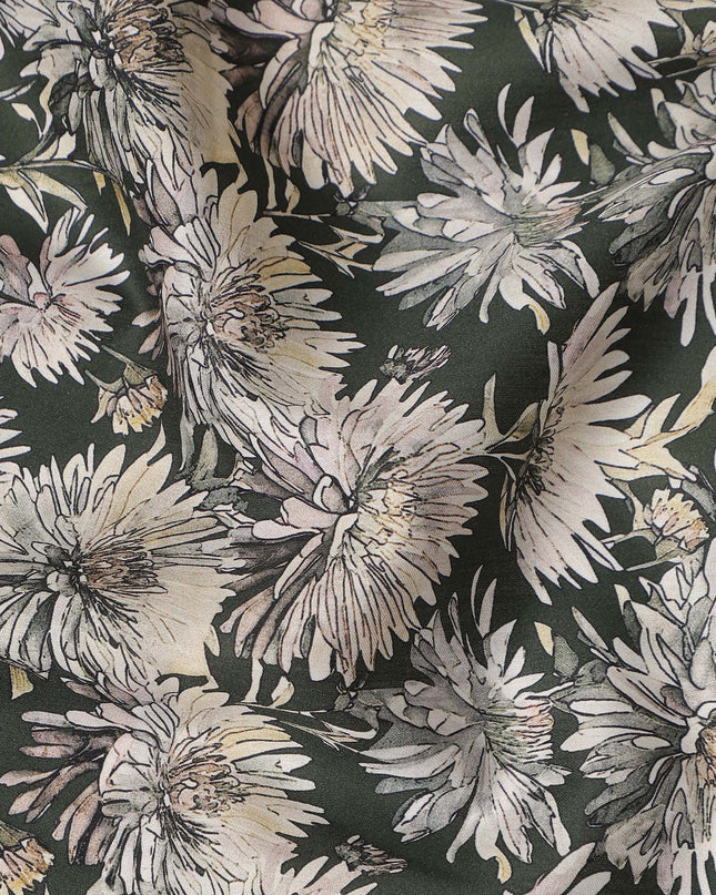 Dark Green White Floral Printed Cotton Satin Fabric 110 Cms Width Smooth Soft Dress Material India-D28071