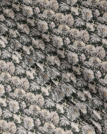 Dark Green White Floral Printed Cotton Satin Fabric 110 Cms Width Smooth Soft Dress Material India-D28071