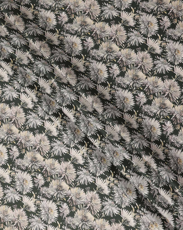 Dark Green White Floral Printed Cotton Satin Fabric 110 Cms Width Smooth Soft Dress Material India-D28071