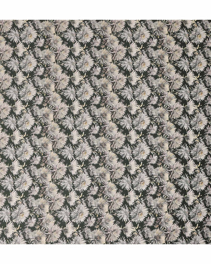 Dark Green White Floral Printed Cotton Satin Fabric 110 Cms Width Smooth Soft Dress Material India-D28071