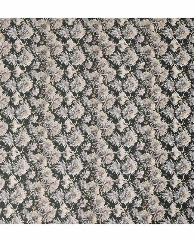 Dark Green White Floral Printed Cotton Satin Fabric 110 Cms Width Smooth Soft Dress Material India-D28071