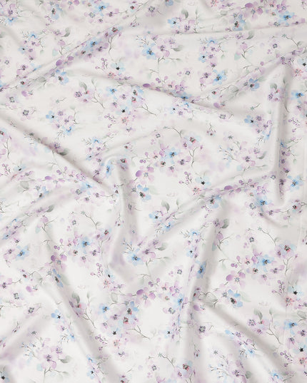 Off White Lilac Blue Floral Printed Cotton Satin Fabric 110 Cms Width Smooth Soft Dress Material India-D28076