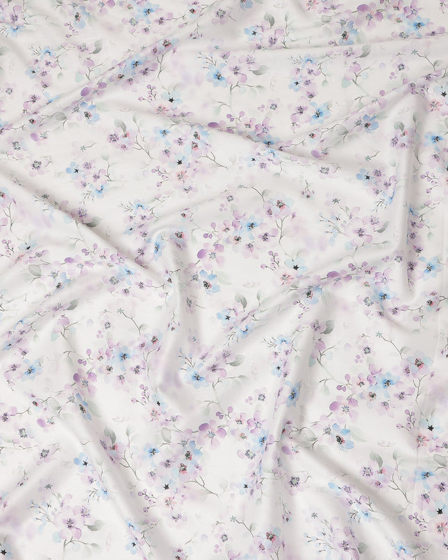 Off White Lilac Blue Floral Printed Cotton Satin Fabric 110 Cms Width Smooth Soft Dress Material India-D28076