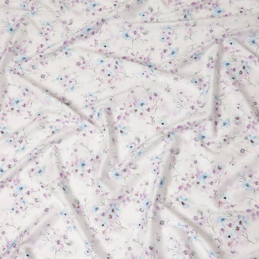Off White Lilac Blue Floral Printed Cotton Satin Fabric 110 Cms Width Smooth Soft Dress Material India-D28076
