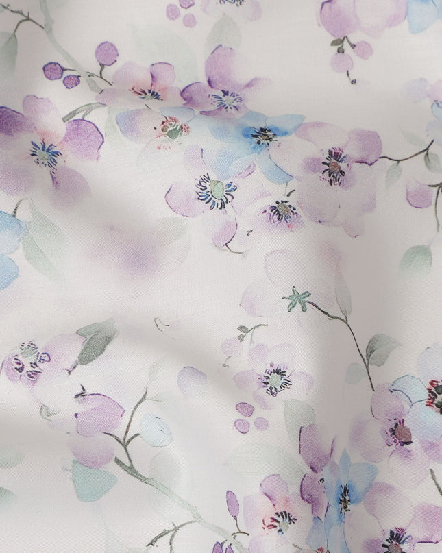 Off White Lilac Blue Floral Printed Cotton Satin Fabric 110 Cms Width Smooth Soft Dress Material India-D28076
