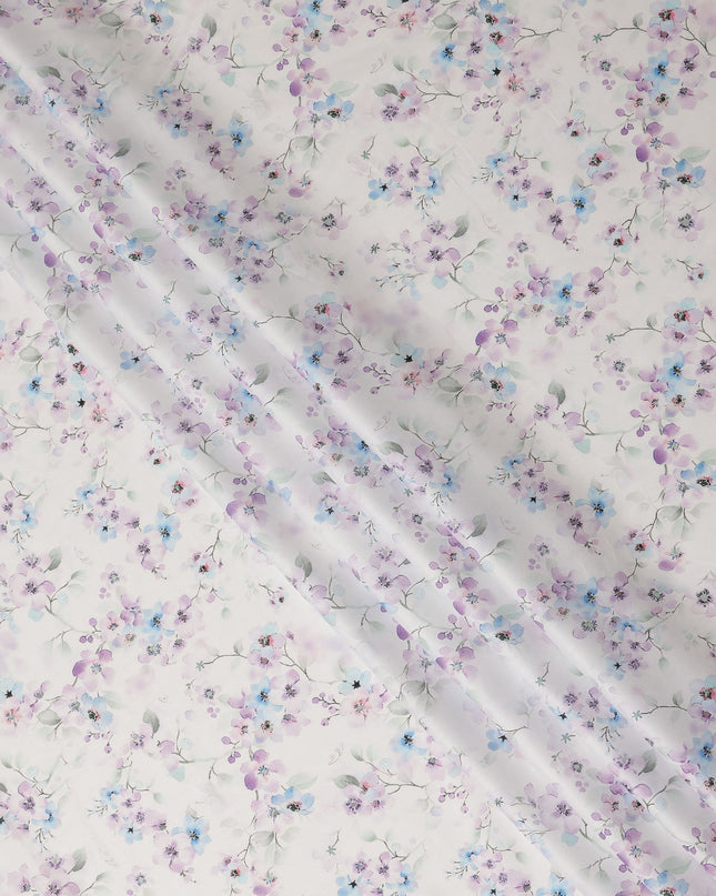 Off White Lilac Blue Floral Printed Cotton Satin Fabric 110 Cms Width Smooth Soft Dress Material India-D28076