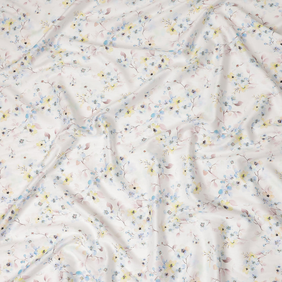 Off White Pastel Floral Printed Cotton Satin Fabric 110 Cms Width Smooth Soft Dress Material India-D28074