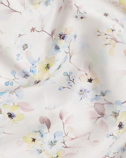 Off White Pastel Floral Printed Cotton Satin Fabric 110 Cms Width Smooth Soft Dress Material India-D28074