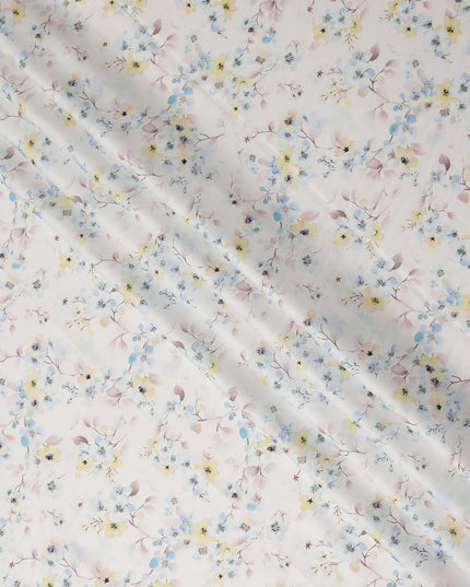 Off White Pastel Floral Printed Cotton Satin Fabric 110 Cms Width Smooth Soft Dress Material India-D28074