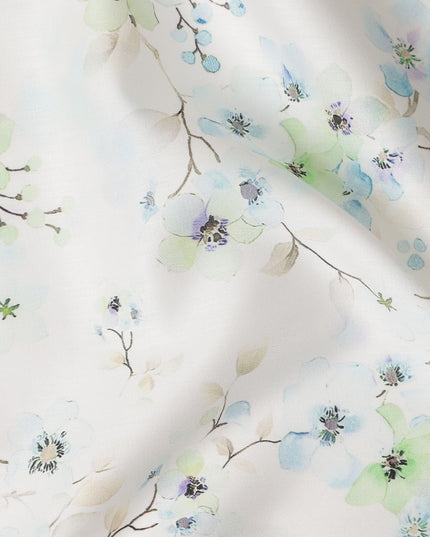 Ivory Blue Green Floral Printed Cotton Satin Fabric 110 Cms Width Smooth Soft Dress Material India-D28075