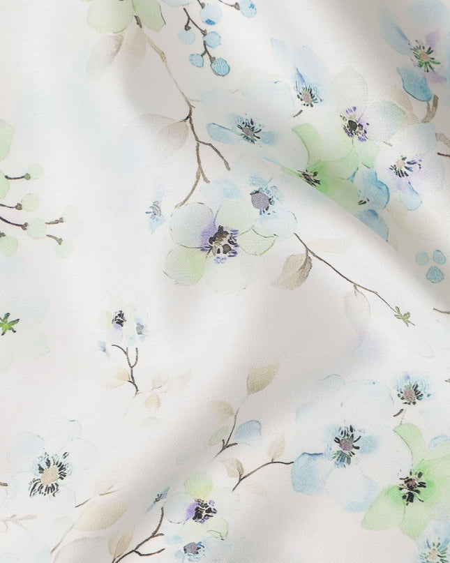 Ivory Blue Green Floral Printed Cotton Satin Fabric 110 Cms Width Smooth Soft Dress Material India-D28075