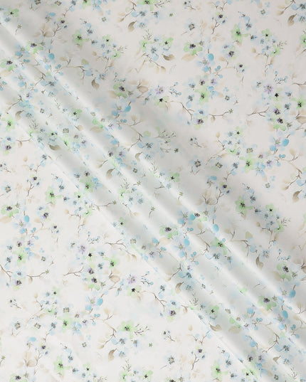 Ivory Blue Green Floral Printed Cotton Satin Fabric 110 Cms Width Smooth Soft Dress Material India-D28075
