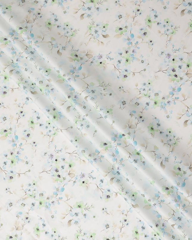Ivory Blue Green Floral Printed Cotton Satin Fabric 110 Cms Width Smooth Soft Dress Material India-D28075