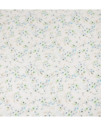 Ivory Blue Green Floral Printed Cotton Satin Fabric 110 Cms Width Smooth Soft Dress Material India-D28075