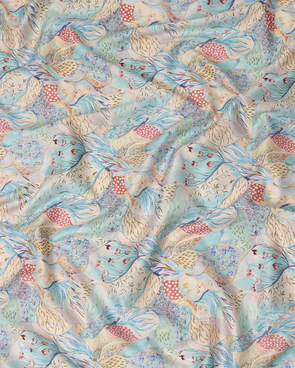 Aqua Blue Multicolor Bird Floral Printed Cotton Satin Fabric 110 Cms Width Smooth Soft Dress Material India-D28070