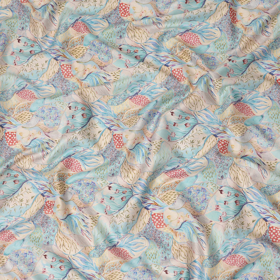 Aqua Blue Multicolor Bird Floral Printed Cotton Satin Fabric 110 Cms Width Smooth Soft Dress Material India-D28070