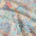 Aqua Blue Multicolor Bird Floral Printed Cotton Satin Fabric 110 Cms Width Smooth Soft Dress Material India-D28070
