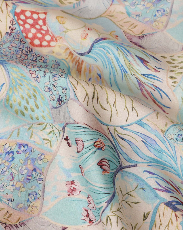 Aqua Blue Multicolor Bird Floral Printed Cotton Satin Fabric 110 Cms Width Smooth Soft Dress Material India-D28070