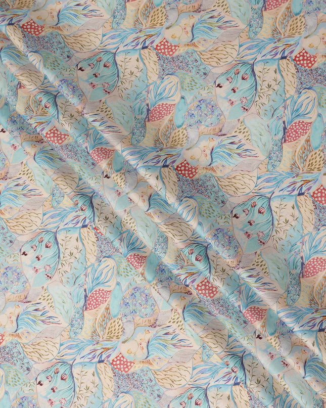 Aqua Blue Multicolor Bird Floral Printed Cotton Satin Fabric 110 Cms Width Smooth Soft Dress Material India-D28070