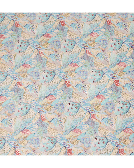 Aqua Blue Multicolor Bird Floral Printed Cotton Satin Fabric 110 Cms Width Smooth Soft Dress Material India-D28070