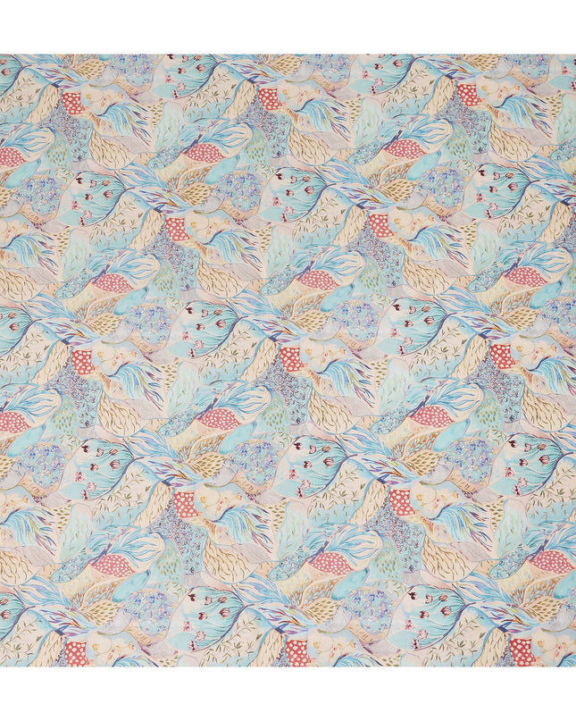 Aqua Blue Multicolor Bird Floral Printed Cotton Satin Fabric 110 Cms Width Smooth Soft Dress Material India-D28070