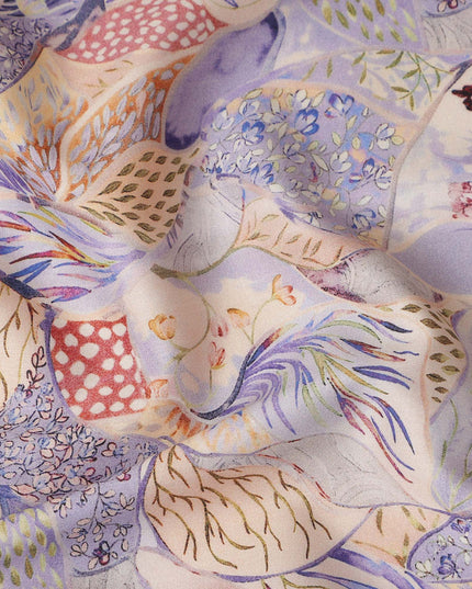 Lavender Multicolor Bird Floral Printed Cotton Satin Fabric 110 Cms Width Smooth Soft Dress Material India-D28069