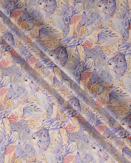 Lavender Multicolor Bird Floral Printed Cotton Satin Fabric 110 Cms Width Smooth Soft Dress Material India-D28069